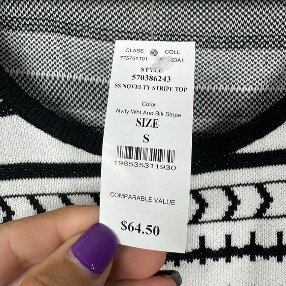 NWT White House Black Market Short Sleeve Novelty Black White Stripe Top #WHBM18 - Picture 6 of 9